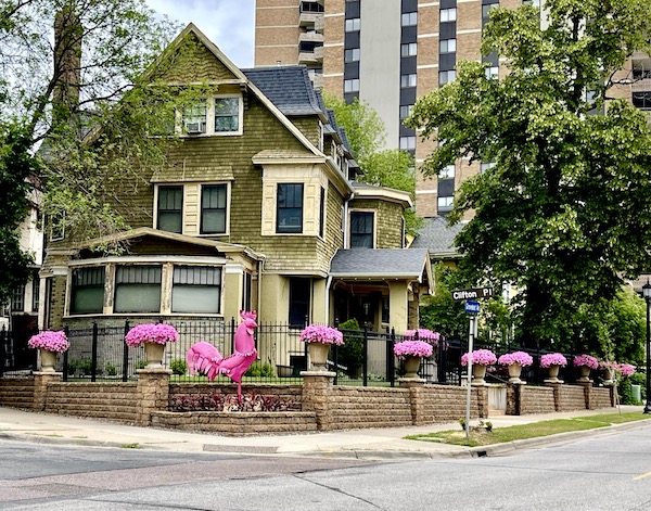 Large home with retaining wall topped with pink flowers and a large pink rooster sculpture in Minneapolis MN
