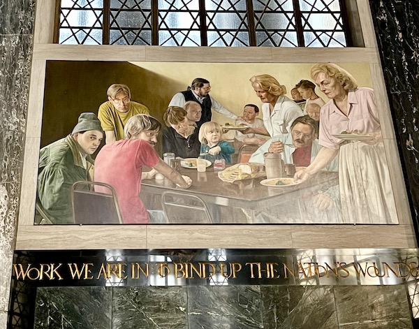 Mural showing Nebraska residents feeding the hungry in the Nebraska State Capitol in Lincoln