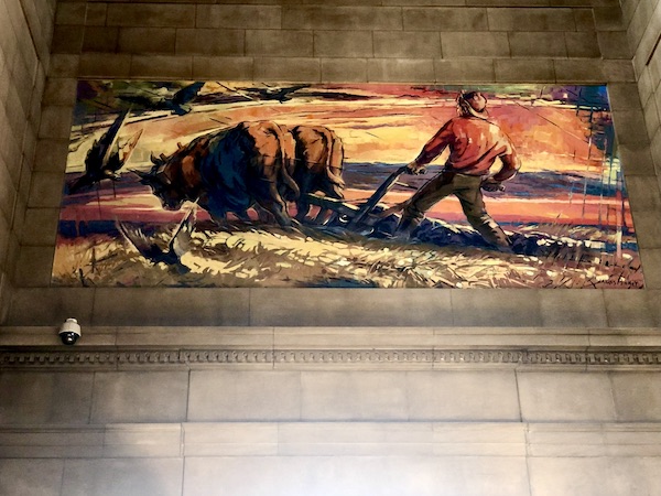Mural of farmer and ox in the vestibule of Nebraska State Capitol in Lincoln