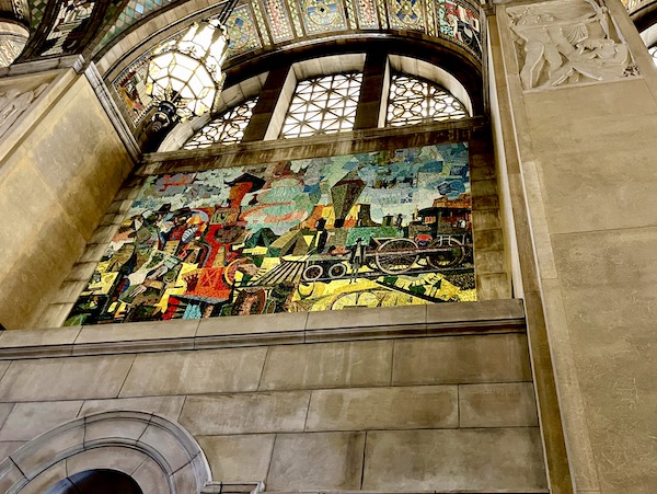 Colorful mural shows Nebraska's growth based on railroad expansion in the Nebraska State Capitol in Lincoln