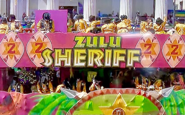 Colorful float of the Zulu Sheriff during Mardi Gras 2023 New Orleans parade