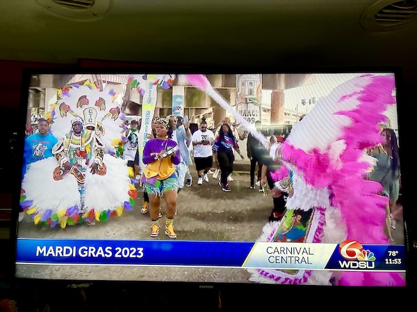 Very colorful Indian costume seen on TV for Mardi Gras 2023 New Orleans