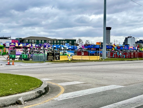 Parking lot filled with Mardi Gras 2023 floats in New Orleans