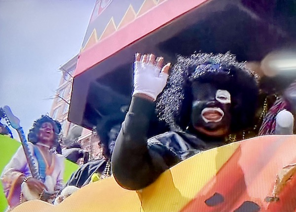 Colorful float with people in black face celebrating Mardi Gras 2023 New Orleans