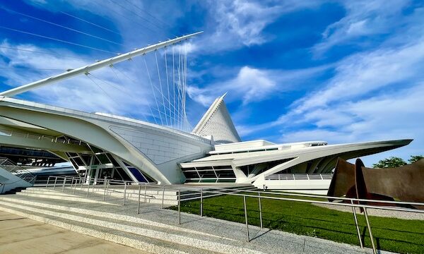 View of white building that is home to the Milwaukee Art Museum Wisconsin