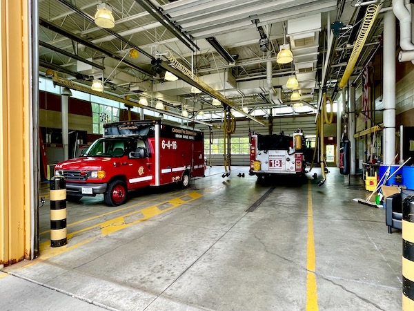 Inside the parking bays of the Chicago firehouse that's scene on TV's Chicago Fire