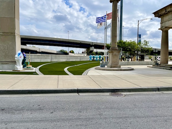 Highway, park and flags denote the Greektown neighborhood on our Our Driving Tour of Chicago IL