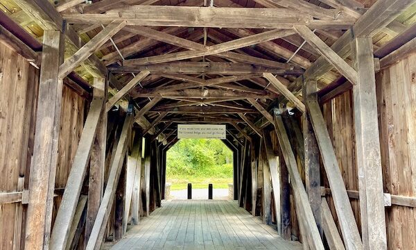 Inside a wooden covered bridge that's just one of the Covered Bridges of Pennsylvania