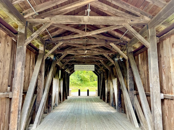 Inside a wooden covered bridge that's just one of the Covered Bridges of Pennsylvania