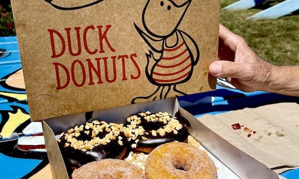 Brown Duck Donuts box filled with 6 donuts
