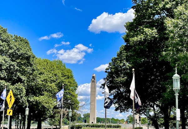 White obelisk resembles the Washington Monument in DC that inspired it at the Pennsylvania State Capitol Harrisburg