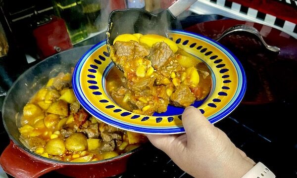 Ladling Alabama Style Beef Stew into a colorful bowl from a to on the stovetop.