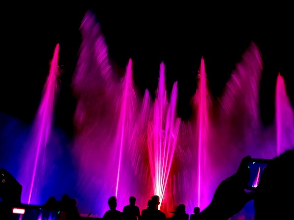 Water fountains dance as they're lit in deep pinks and purples at The nighttime spectacle Light: Installations by Bruce Munro opens June 30 at Longwood Gardens. Created by English/Australian artist Bruce Munro, Light features eight installations, spanning indoors and outdoors. Highlights include the luminous Field of Light featuring 18,000 illuminated bulbs stretching across the landscape, a flamboyance of 1,000 flamingoes wading near the Chimes Tower, and C-scales, a shimmering canvas of 8,960 CDs in the Exhibition Hall that reflect colorful projections inspired by Longwood’s water gardens.