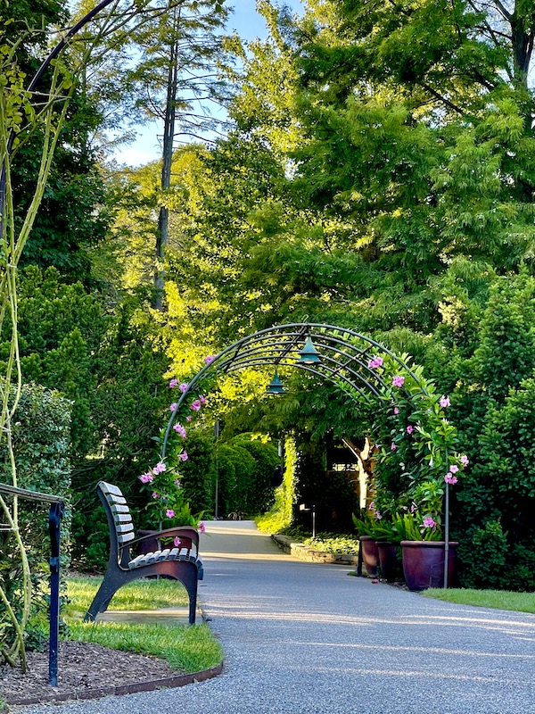 Park bench and an arbor guide our journey through Longwood Gardens Kennett Square PA