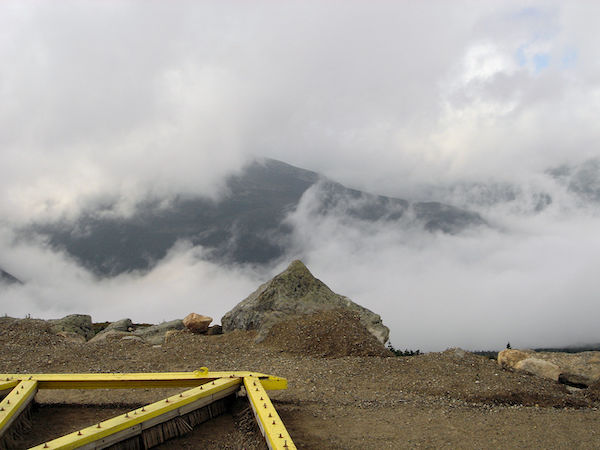 Top of Mt. Washington barely visible through clouds.