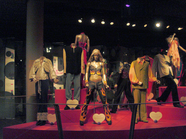 Costumes of Rock and Roll performers on display at the Rock and Roll Hall of Fame