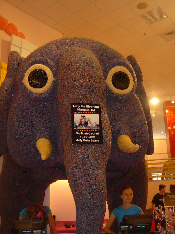 A replica of an elephant made out of jellybeans seen on our first RV journey.