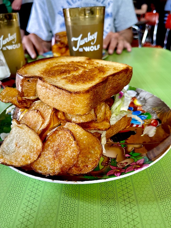 Huge sandwich with chips and slaw, just one of the Good Eats in the Big Easy