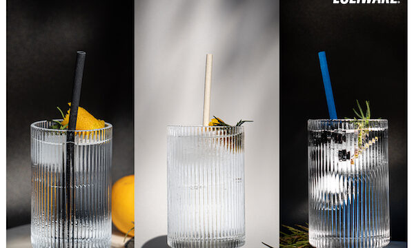 Trio of drinking glasses with straws made of seaweed are Pushing the Boundaries of Serve Ware