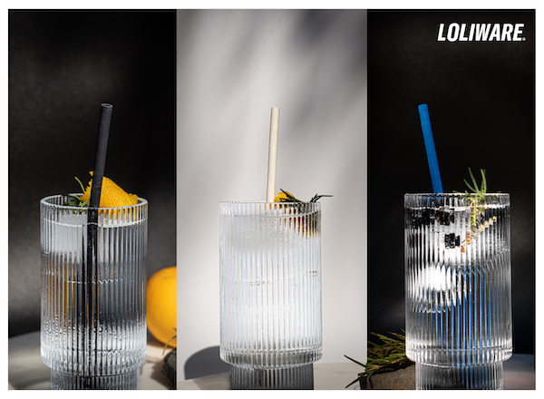 Trio of drinking glasses with straws made of seaweed are Pushing the Boundaries of Serve Ware