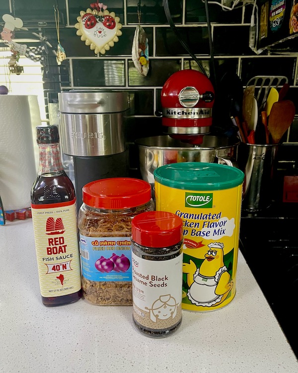 Some Asian ingredients that we bought at Hong Kong Food Market sitting on my kitchen counter.