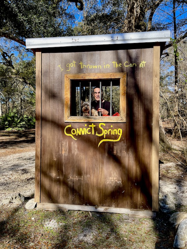 Tiny jail with Steve and our Yorkie behind bars.