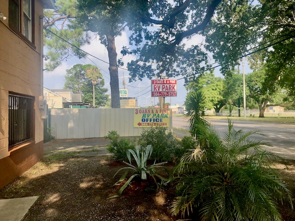 The entrance of 3 Oaks and a Pine RV Park in NOLA.