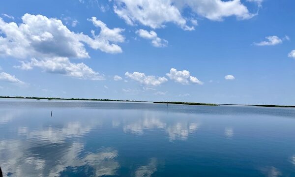 Calm water with puffy cloud reflected in it seen on our Sunday Drive to Louisiana Southernmost Point