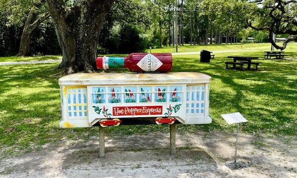 Artistic replica of a streetcar with Tabasco theme seen during our Tabasco Avery Island Experience