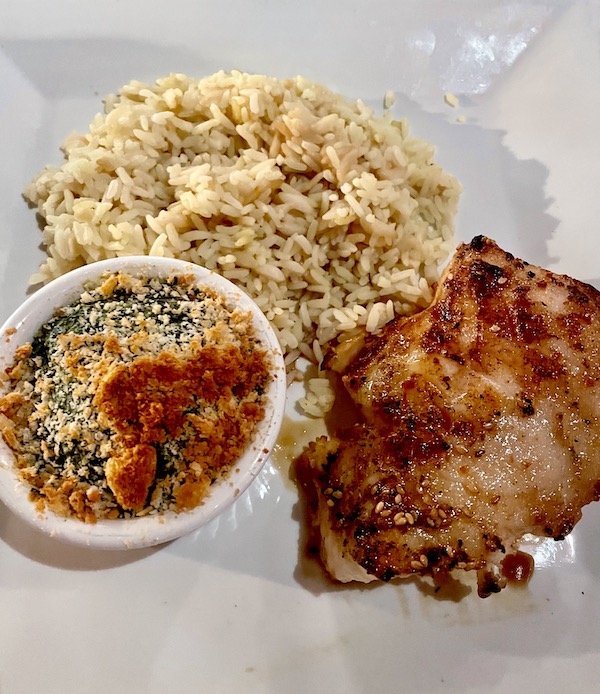 From Bimini Twist Restaurant WPB FL grilled sea bass with rice and spinach in a ramekin
