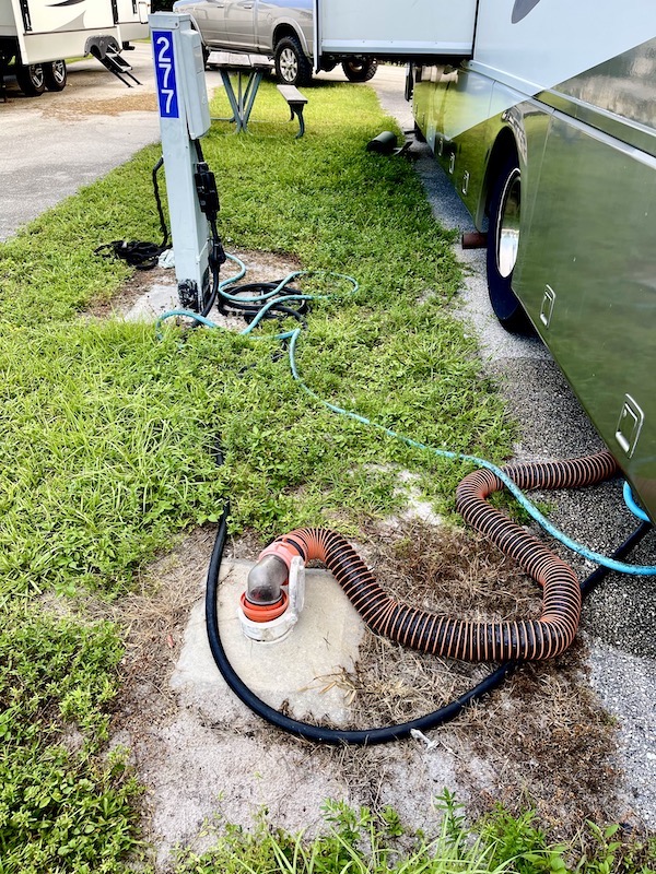 RV campground site showing water, sewer and electric all hooked up.