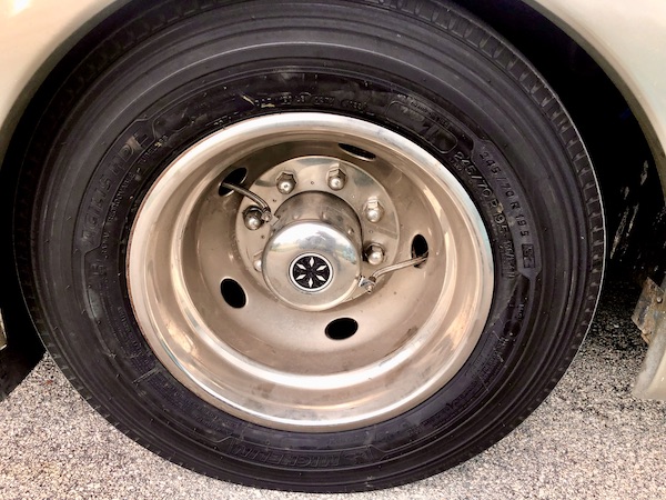 An RV tire and wheel showing new tires part of our RV Checklist for First Trip and every trip.