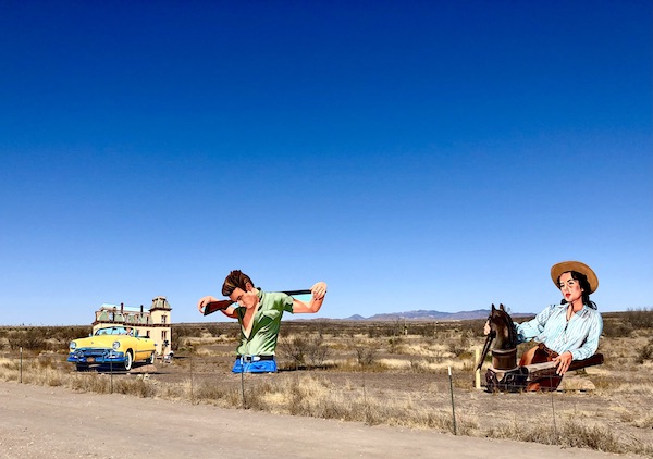 Sculptures of the main characters in the movie Giant along the road in Marfa TX