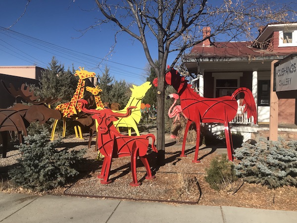 Colorful metal animal sculptures at a gallery in Santa Fe NM. Part of my 3 Years RVing Year 1 Recap