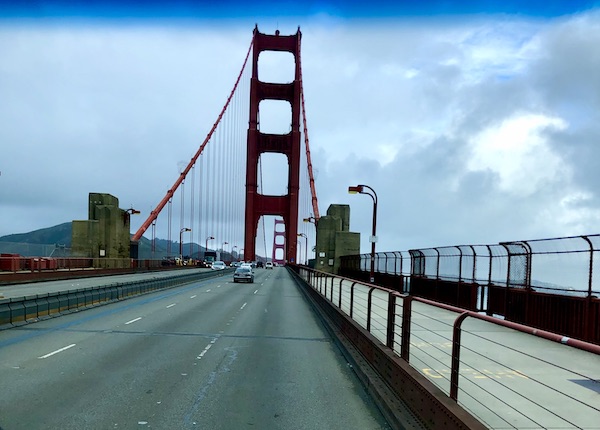 Crossing the Golden Gate Bridge in California.