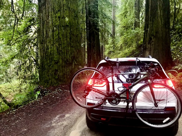 White SUV with bicycle on back passing through giant redwood trees in California. Part of my 3 Years RVing Year 1 Recap