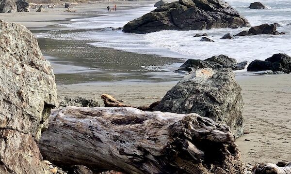 Beach, huge rocks jutting from the ocean and people on the rocks in Brookings, OR. Part of my 3 Years RVing Year 1 Recap