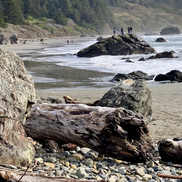Beach, huge rocks jutting from the ocean and people on the rocks in Brookings, OR. Part of my 3 Years RVing Year 1 Recap