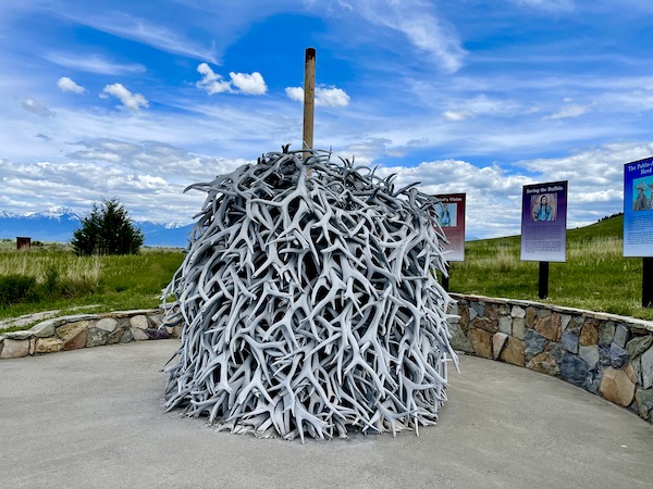 Large pole stacked with Elk antlers. Part of my 3 Years RVing Year 3 Recap