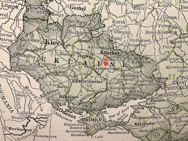 Map of the Ukraine with red arrow pointing to Kremenchug. Part of my 3 Years RVing Year 3 Recap