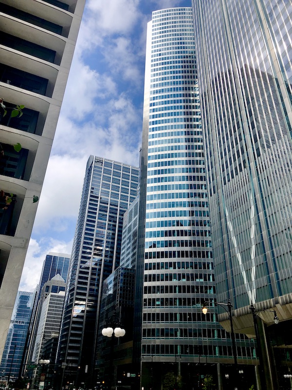 Glass skyscrapers and sky in Chicago. Part of my 3 Years RVing Year 3 Recap