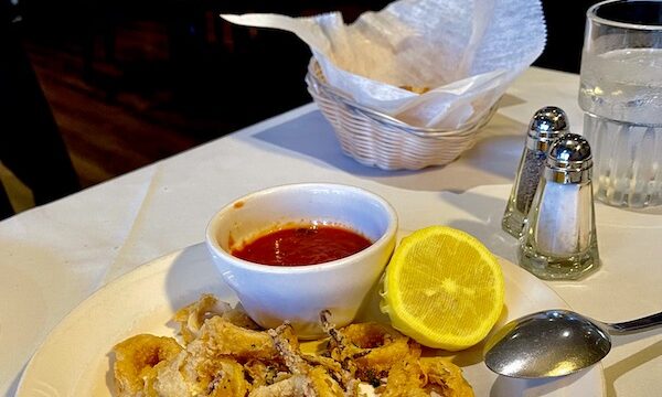 Plate of fried squid with red sauce in a cup and lemon half at Stresa Italian Restaurant WPB FL