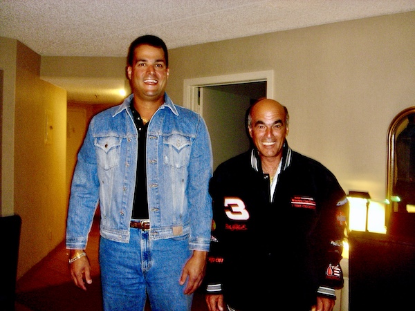 Our very tall son is wearing much shorter Steve's denim jacket and Steve's wearing Brian's huge black jacket.