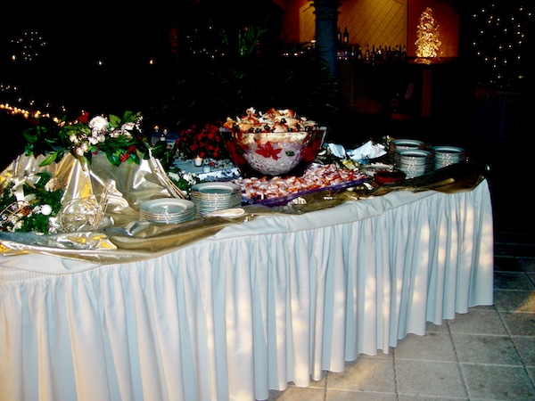 I Love to Feed People seafood from a buffet.