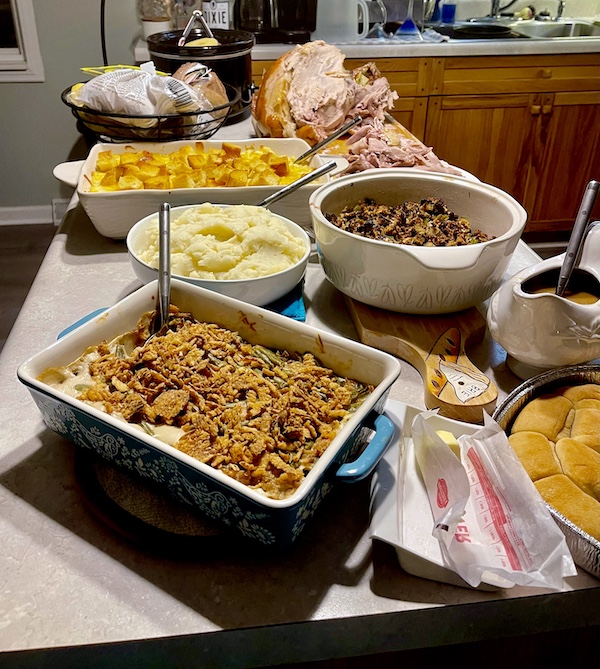 Kitchen island set with our Thanksgiving dinner enjoyed during our 2 Weeks in Northwestern South Carolina