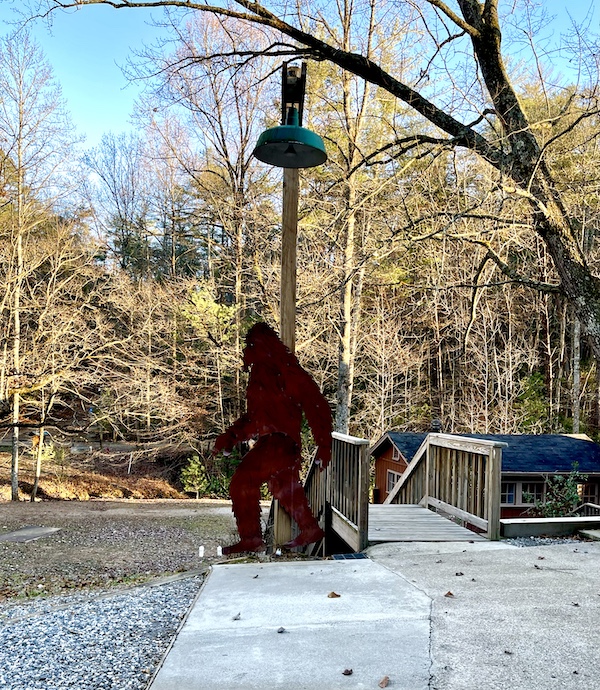 Metal sculpture of Sasquatch by steps at the park where we spent Holiday Season in Helen Georgia