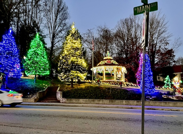 Holiday Season in Helen Georgia means Christmas lights on trees and a gazebo