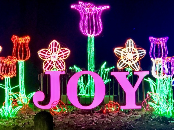 Merry Christmas 2023 floral light display with pink letters spelling JOY