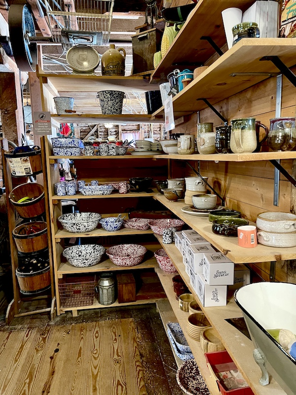 Nora Mill Granary Helen GA display of speckle ware for sale