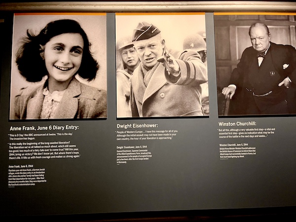 Photos of Anne Frank, Gen. Eisenhower and Winston Churchill at the Torn roof exposed to the sky with WW2 planes seen flying overhead